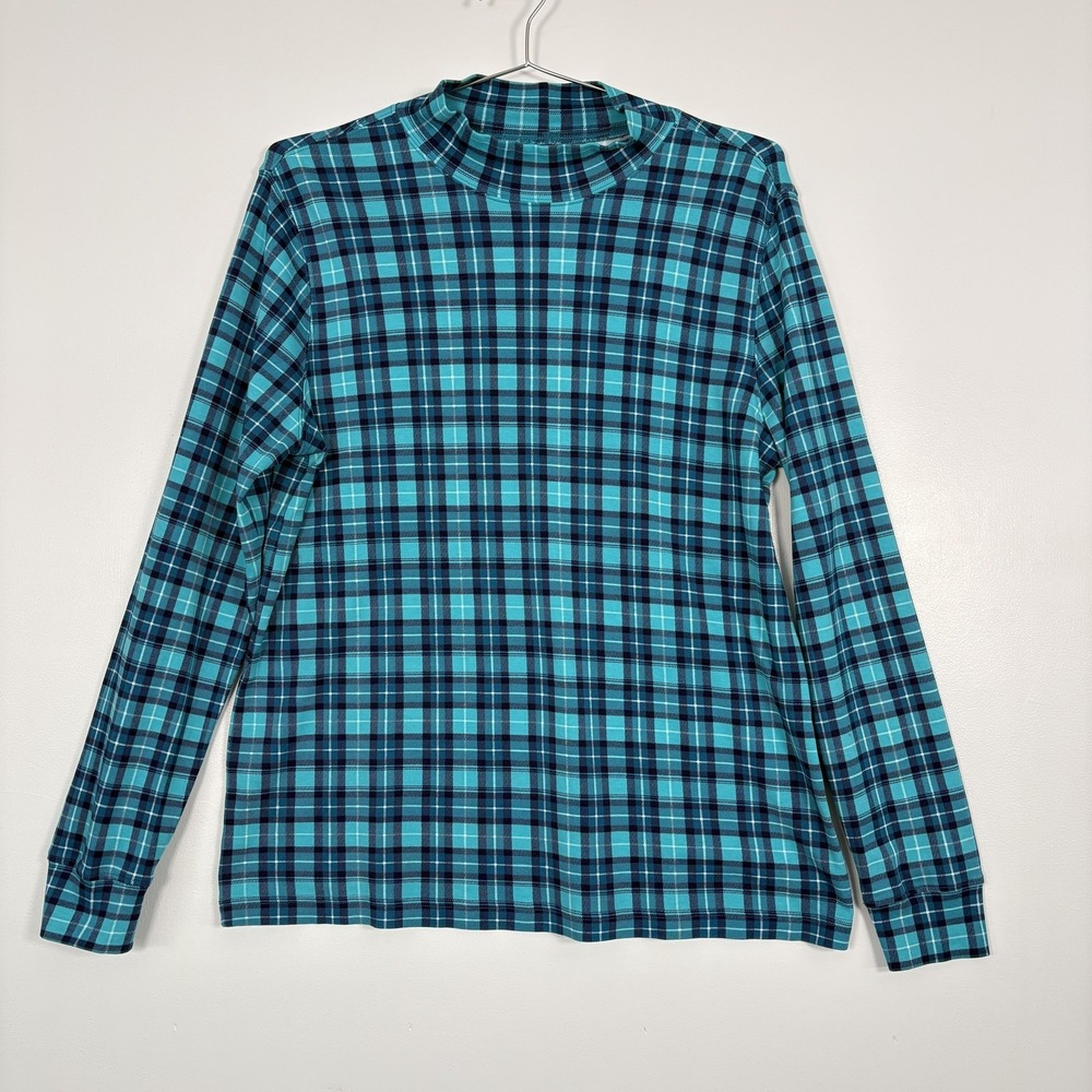 Lands' End TShirt Womens Large Tall Blue Plaid Long Sleeve Mock Neck Cotton Top